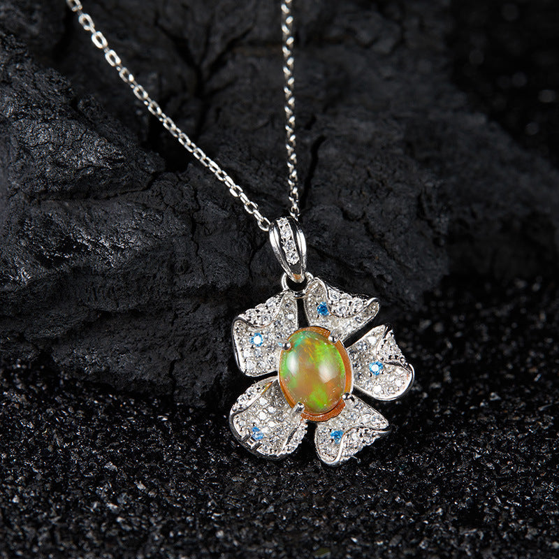 zensoullab Popular Flower Pendant S925 Sterling Silver Inlaid with Natural Opal Gemstone Necklace for Women