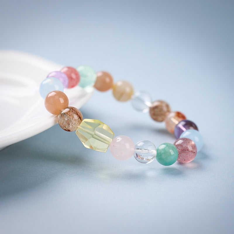 zensoullab Natural 10MM Rainbow Multi-Gemstone Crystal Bracelet Yellow Crystal Red Agate Flower Aquamarine High-End Crystal Bracelet