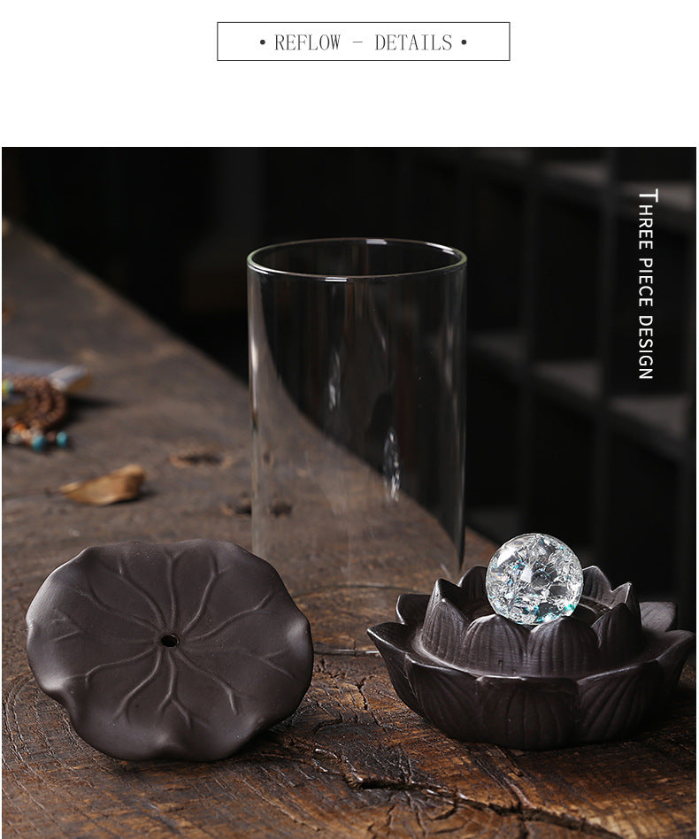 zensoullab Purple Clay Windproof Cover LED Light Backflow Incense Burner Creative Lotus Leaf Ornamental Backflow Aromatherapy Burner Home Decor
