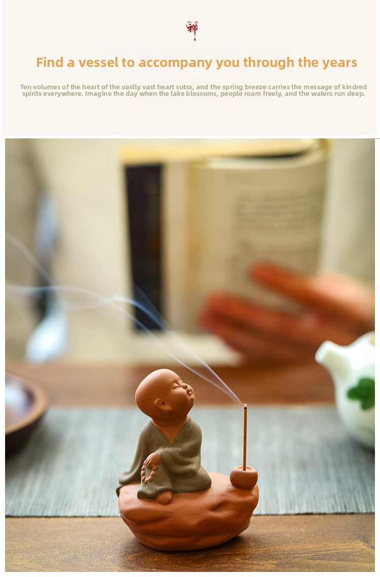 zensoullab Zen Purple Clay Little Monk Incense Holder Ornament for Home Indoor Living Room Tea Tray Incense Ceremony Sandalwood Stand Incense Tray Incense Burner