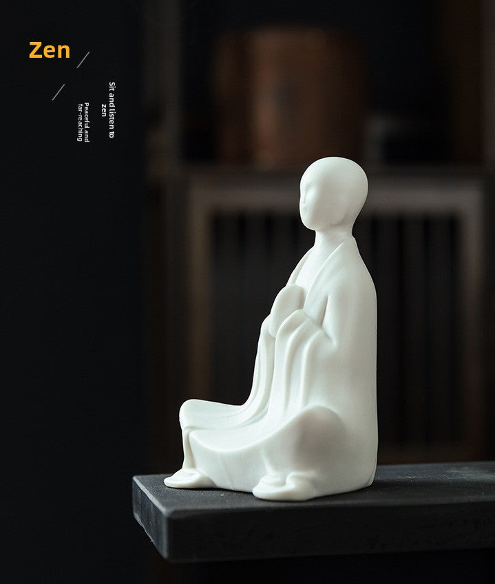 zensoullab Zen Ceramic Formless Buddha Chinese Style Living Room Tea Room Desktop Ornament White Porcelain Little Monk Fish Tank Bonsai Decoration Figurine