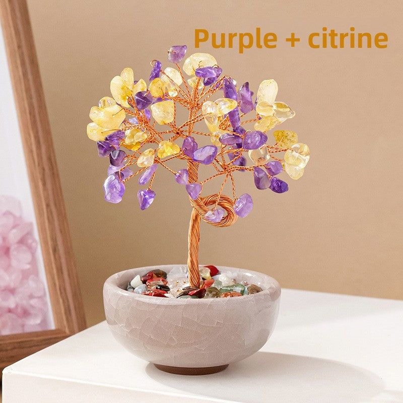 zensoullab Natural Yellow Crystal Wealth Tree Tea Cup Base Treasure Bowl Crystal Tree Crystal Money Tree Desktop Wealth-Attracting Ornament