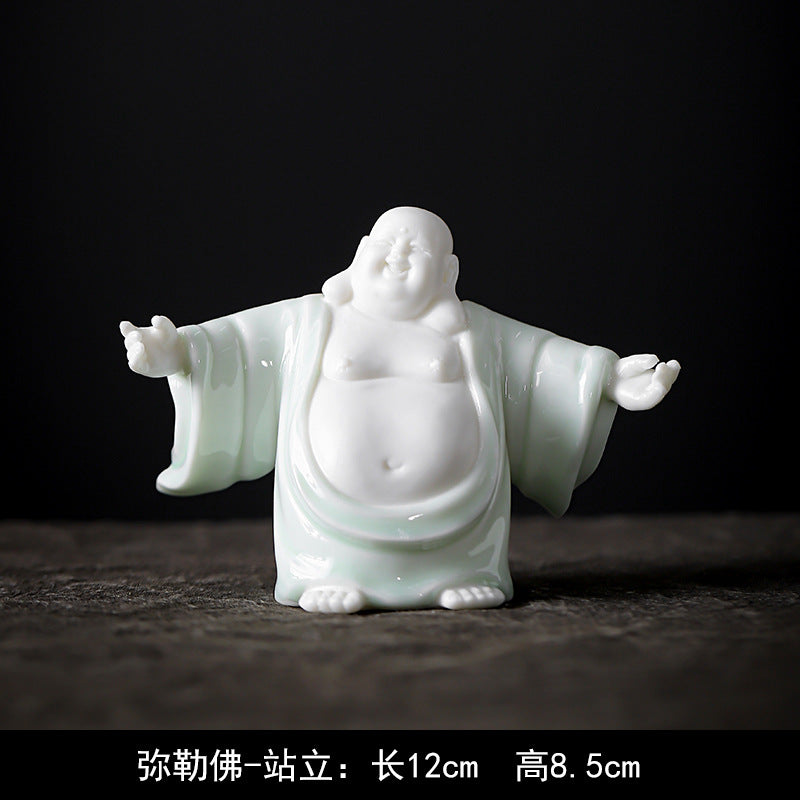 zensoullab Ceramic Fortune Maitreya Buddha Statue Big Belly Laughing Buddha Zen Home Living Room Entrance Hall Display Shelf Car Decoration Ornament