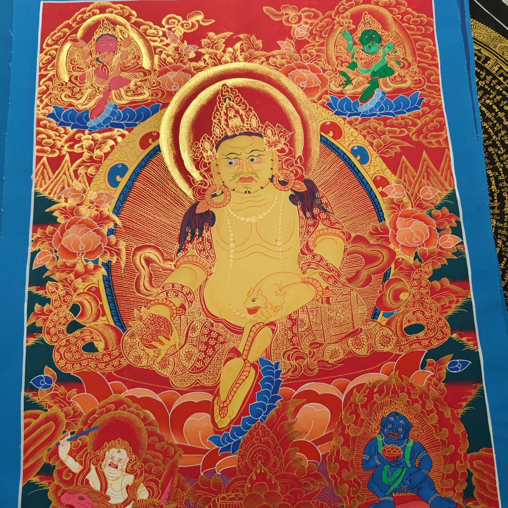 zensoullab Nepal Hand-painted Yellow God of Wealth Thangka Classic Red Thangka Black Thangka Five Gods of Wealth Buddha Tibetan Buddhist Hall Worship Decoration Hanging Painting