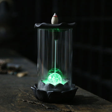 zensoullab Purple Clay Windproof Cover LED Light Backflow Incense Burner Creative Lotus Leaf Ornamental Backflow Aromatherapy Burner Home Decor