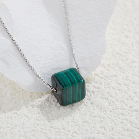 zensoullab Jewelry Minimalist Style Square Pendant S925 Sterling Silver Malachite Necklace Women's Jewelry Simple Collarbone Chain