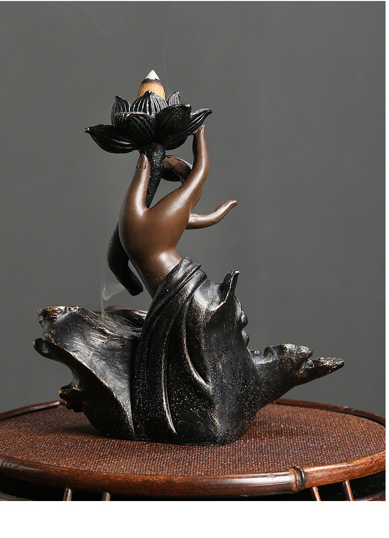 Resin Backflow Incense Burner Ornament Creative Lotus Zen Buddha Hand Backflow Incense Home Craft Decoration