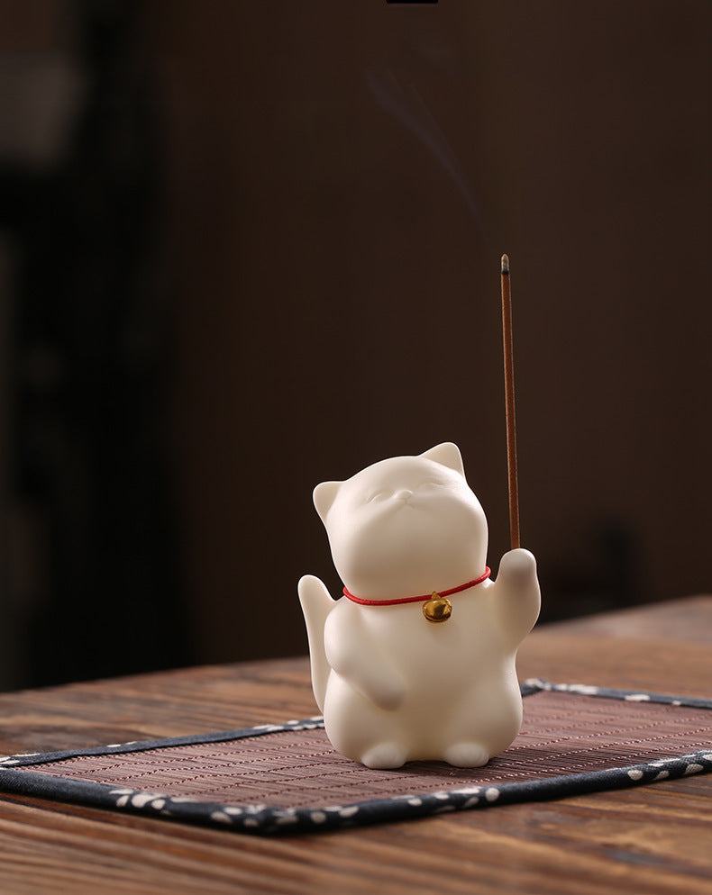 Zensoullab Creative Cute Lucky Cat Ceramic Decoration Cute Cat Tea Ornaments Pen Holder Home Indoor Sandalwood Incense Stick Holder Incense Ceremony Incense Holder