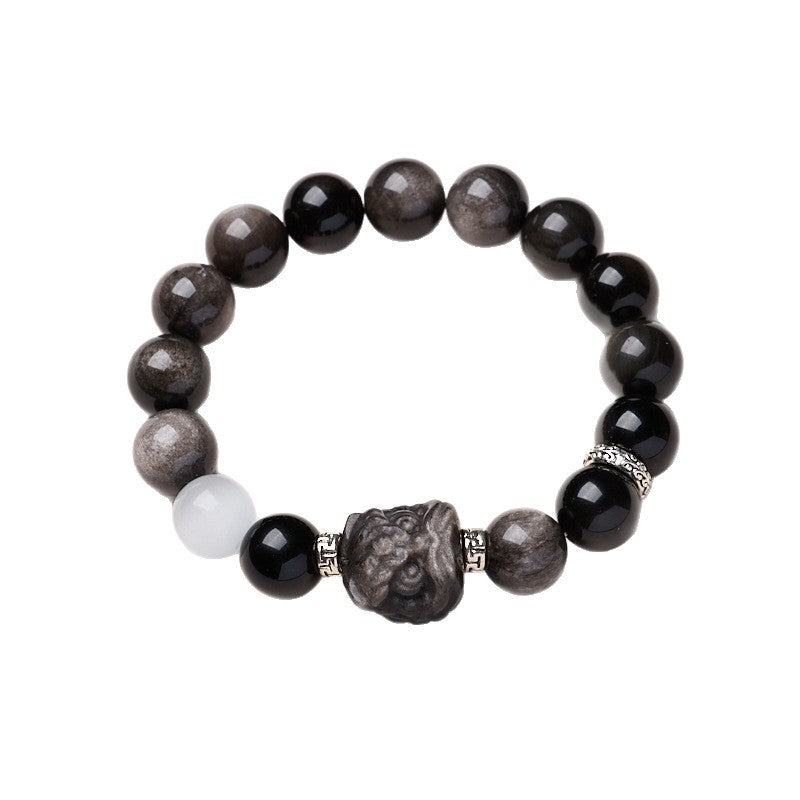 zensoullab520 Natural Obsidian Lion Awakening White Moonlight Cat's Eye Crystal Bracelet