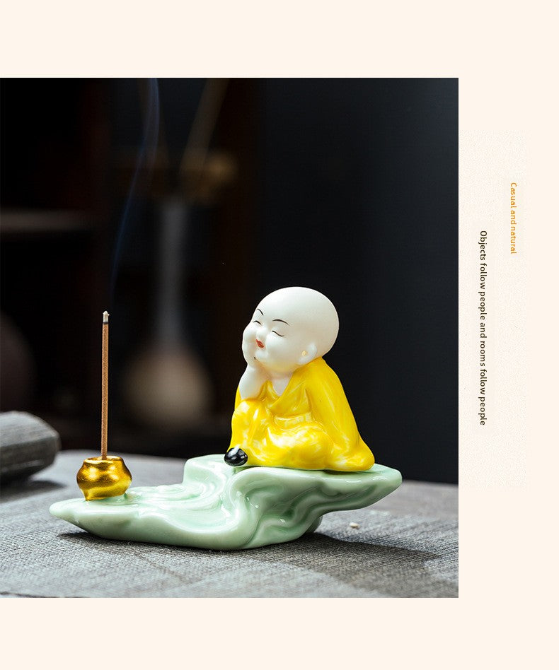 zensoullab Zen Ceramic Little Monk Incense Holder Tea Ceremony Ornament for Home Living Room Indoor Tea Room Sandalwood Sitting Incense Dragging Incense Burner