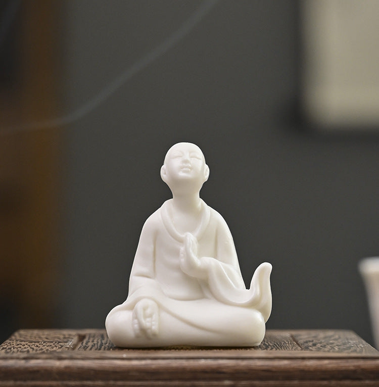 zensoullab Zen Ceramic Figure Chinese Style Desktop White Porcelain Small Ornament Little Monk Fish Tank Landscaping Bonsai Home Handmade Decoration