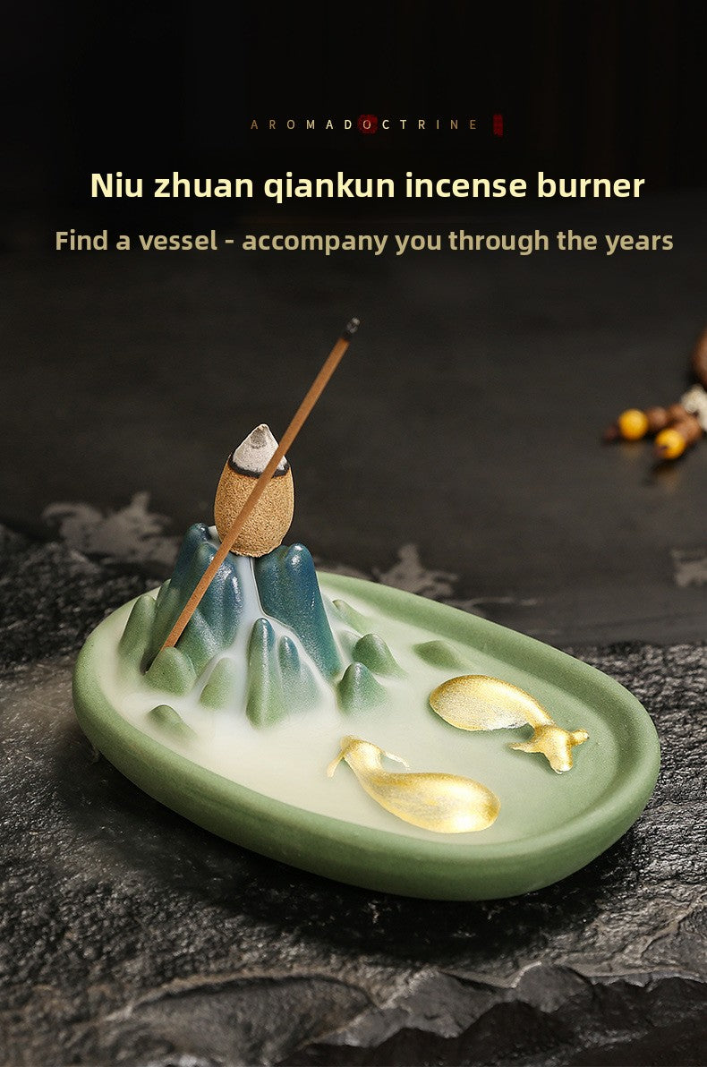 Zensoullab Qianli Jiangshan Line Incense Burner Ceramic Multi-Functional Dual-Purpose Ceramic Incense Burner Double Cow Backflow Smoke Incense Burner Ceramic Incense