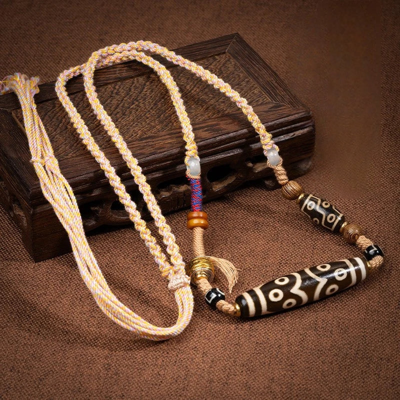 zensoullab Natural Tibetan Style Yellow Nine-Eyed Dzi Bead Necklace Multi-Totem Agate Pendant Couple Style Woven Necklace In Stock