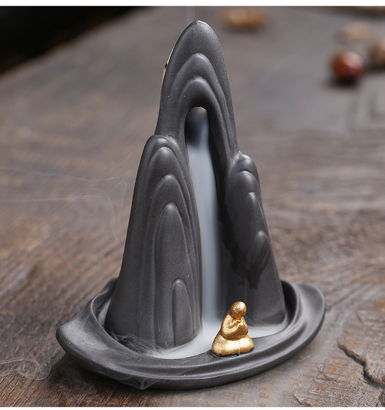 zensoullab Original Purple Clay Backflow Incense Burner Mountain Water Flowing Little Monk Home Decor Ornament Backflow Incense Burner Craft