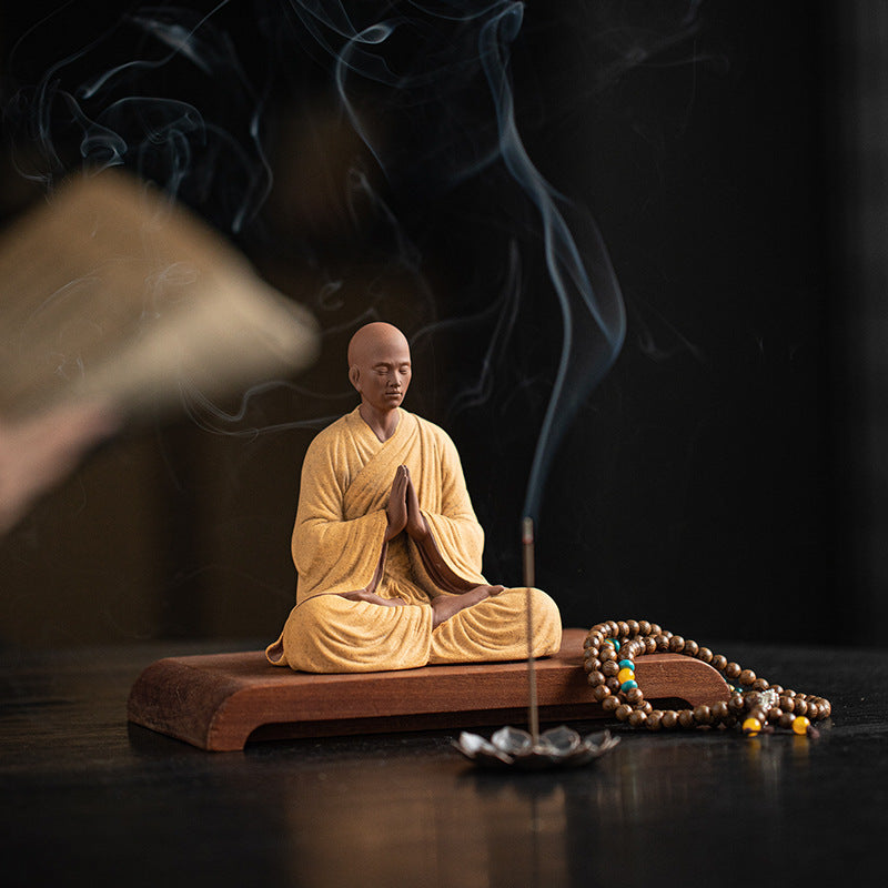 zensoullab Dust-Free Zen Little Monk Purple Clay Figurine Ceramic Figure Ancient Style Tea Room Display Stand Desktop Decoration