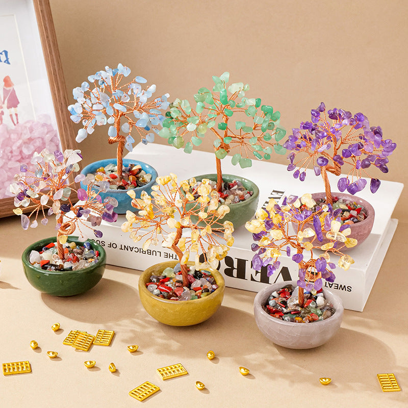 zensoullab Natural Yellow Crystal Wealth Tree Tea Cup Base Treasure Bowl Crystal Tree Crystal Money Tree Desktop Wealth-Attracting Ornament