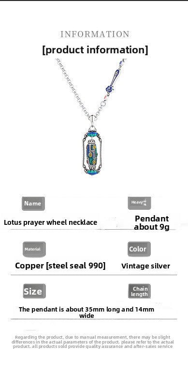 zensoullab Vintage Ethnic Landscape Thai Blue Enamel Nine-Eyed Dzi Bead Lotus Prayer Wheel Necklace for Women Exquisite Versatile Creative Jewelry