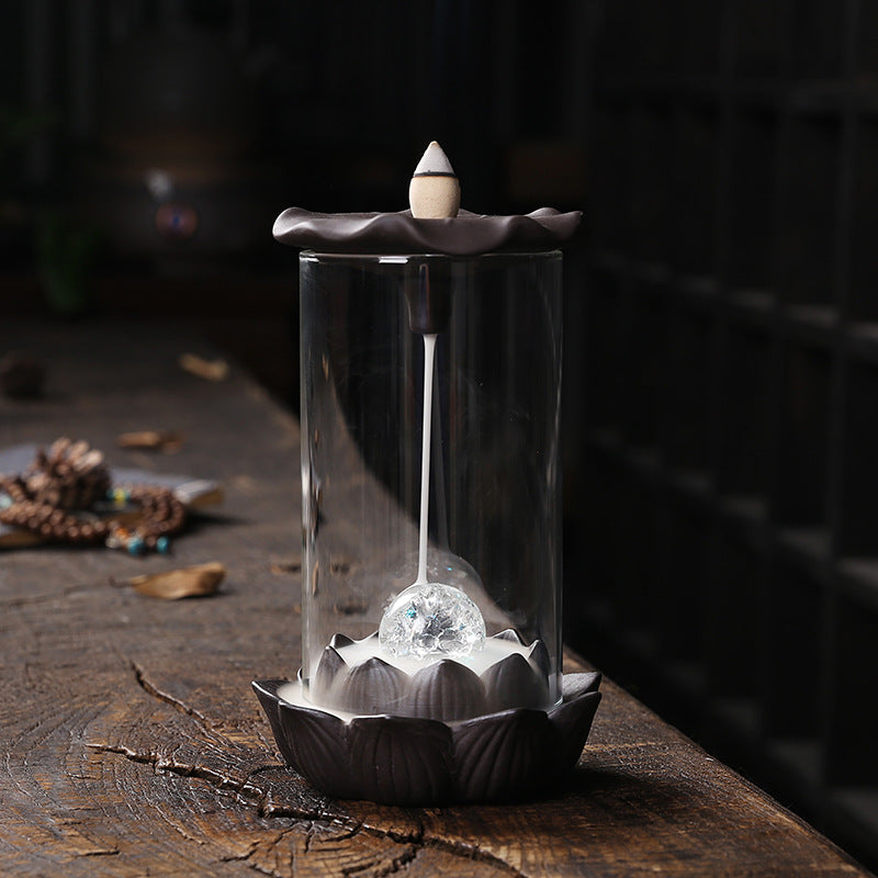 zensoullab Purple Clay Windproof Cover LED Light Backflow Incense Burner Creative Lotus Leaf Ornamental Backflow Aromatherapy Burner Home Decor