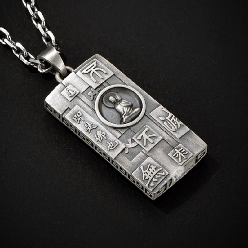 Zensoullab Thai Silver Amulet Necklace Men's Damo Buddha Symbol Pendant Protective Talisman Hanging Ornament Square Plate Pendant for Boyfriend