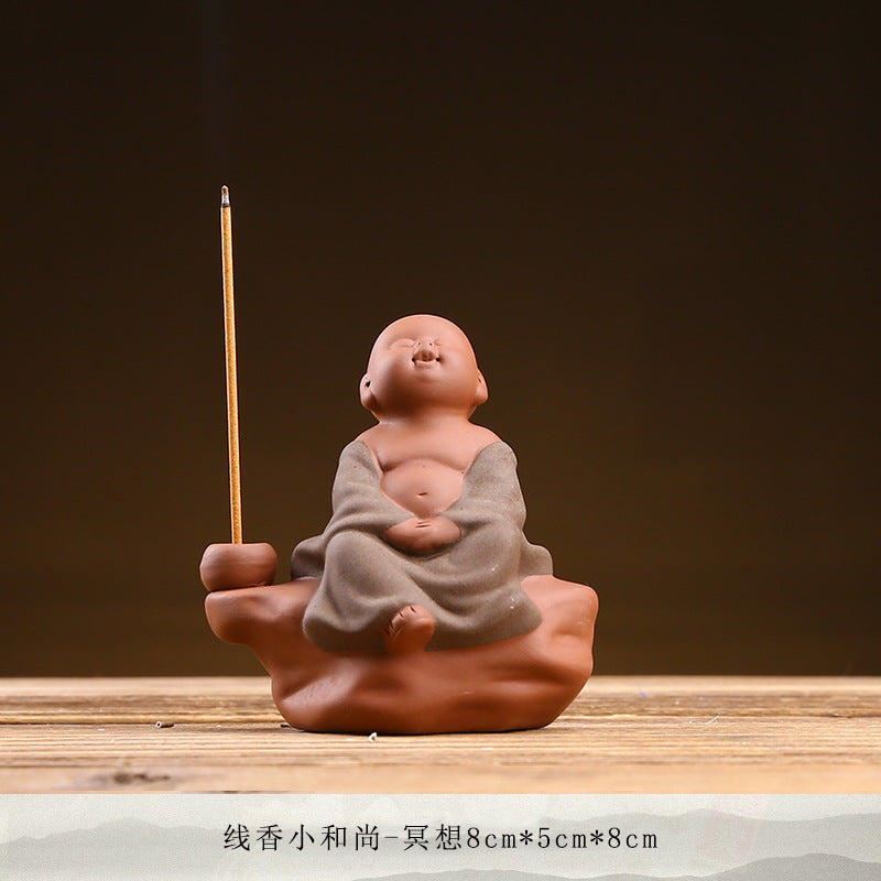 zensoullab Zen Purple Clay Little Monk Incense Holder Ornament for Car, Home, Indoor Living Room, Tea Tabletop, Incense Ceremony, Incense Seat, Incense Burner