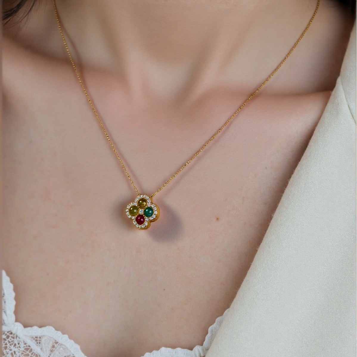 zensoullab S925 Sterling Silver 18K Gold Pendant Necklace Clavicle Chain Natural Tourmaline Four-Leaf Clover Vintage Elegant Temperament Women