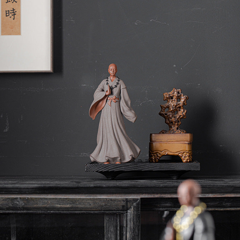 zensoullab Creative New Chinese Style Large Purple Clay Little Monk Figurine Tea Room Living Room Entrance Zen Little Monk Ceramic Character Decoration