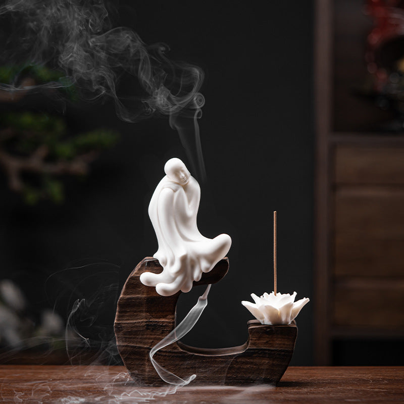 zensoullab Creative Backflow Incense Burner Home Aromatherapy Burner Ceramic Ornament Sandalwood Incense Holder Guanyin Buddha Statue Zen Living Room Decoration
