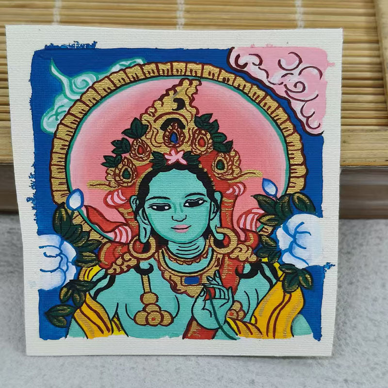 zensoullab Thangka Hand-painted Small Thangka Samantabhadra Green Tara Yellow Wealth God Manjushri Four-armed Guanyin Tibetan Small Thangka Pendant