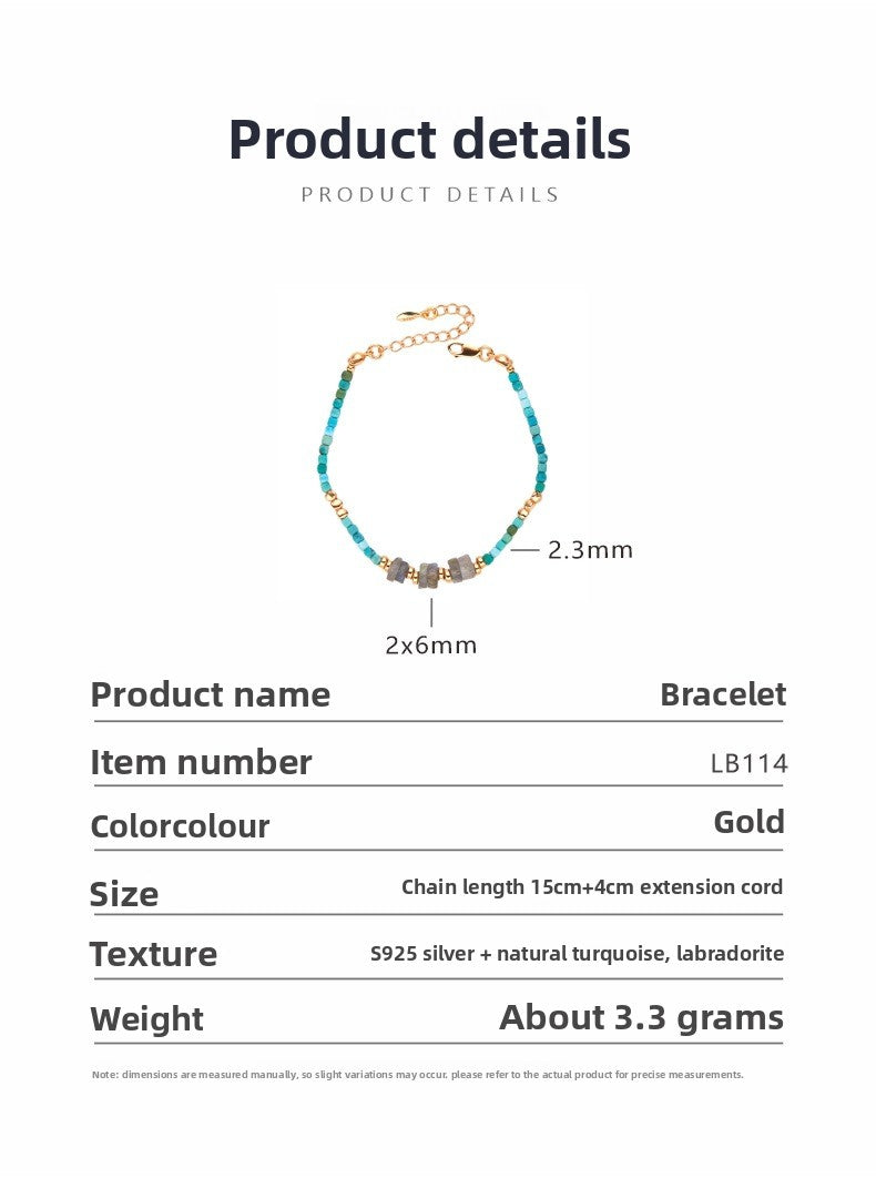 zensoullab Niche Design S925 Sterling Silver Natural Turquoise Labradorite Gemstone Beaded Necklace for Women Versatile Collarbone Chain