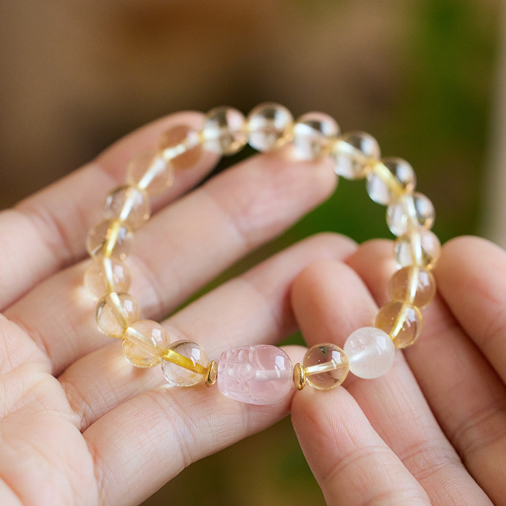 zensoullab Natural Yellow Crystal Pixiu Bracelet for Women, Wealth-Boosting Pink Crystal Bracelet