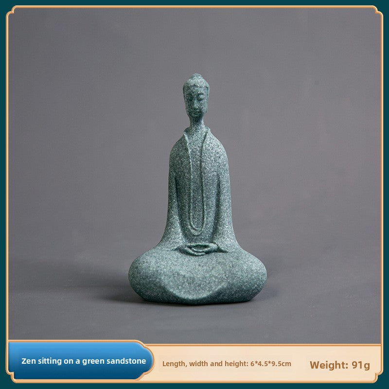 zensoullab Green Sandstone Northern Wei Dynasty Three Saints Buddha Statue Zen Carving Craftwork Tathagata Buddha Shakyamuni Desktop Tea Ceremony Ornament