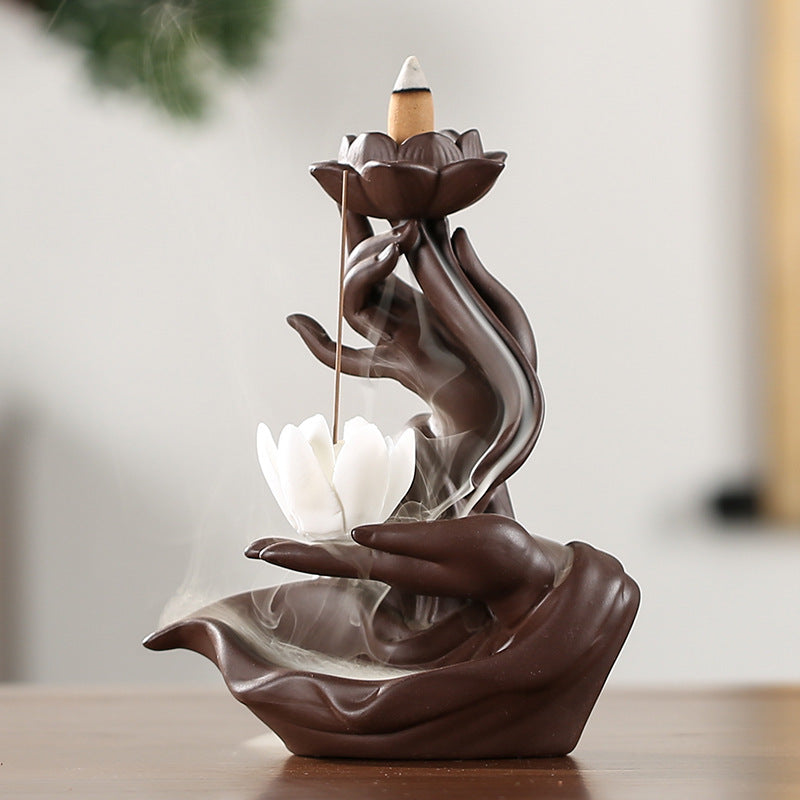 zensoullab Backflow Incense Burner Purple Clay Buddha Hand Lotus Heart Creative Sandalwood Burner Home Decor New Chinese Style Ornament