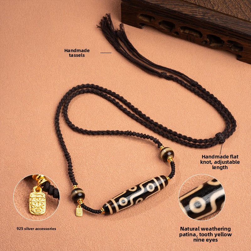 zensoullab Natural Yellow Nine-Eye Dzi Bead Necklace Taiwan Work Agate Pendant Unisex Couple Style Braided Necklace In Stock