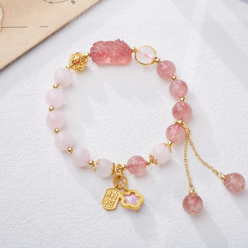 zensoullab Natural Strawberry Crystal Pink Crystal Double Bracelet for Women Strawberry Crystal Pixiu Wealth Flower Good Luck Crystal Bracelet