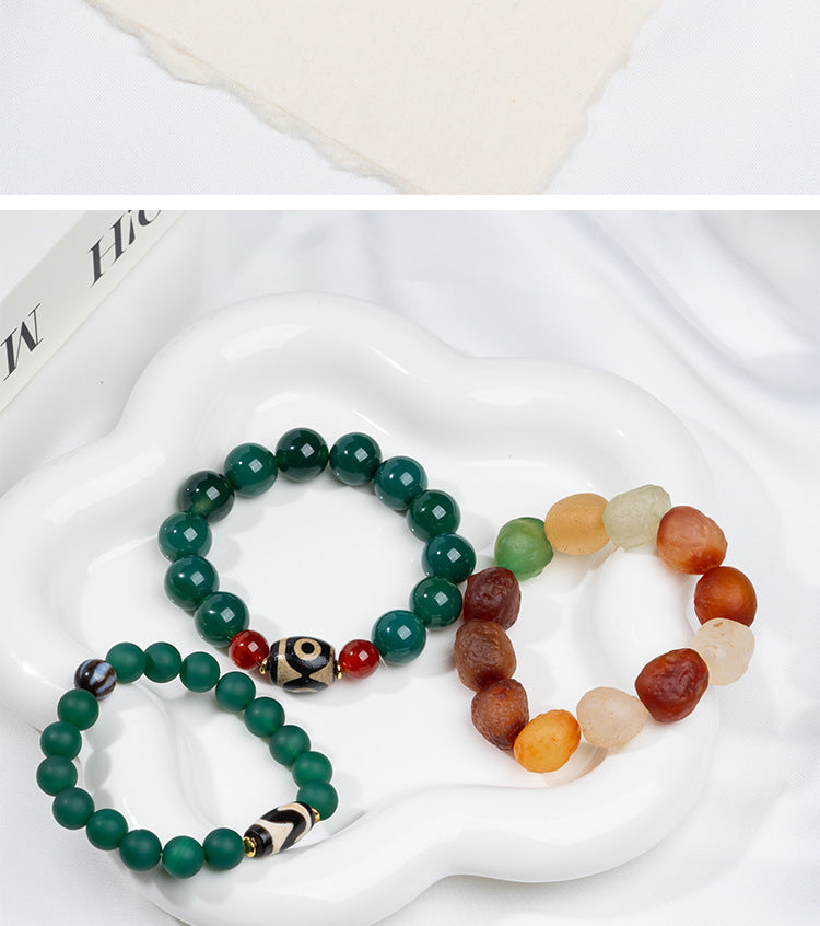 zensoullab Natural Three-Eyed Dzi Bead Agate Bracelet Fashion Versatile Unisex Couple Style Tiger Tooth Single Circle Bracelet In Stock
