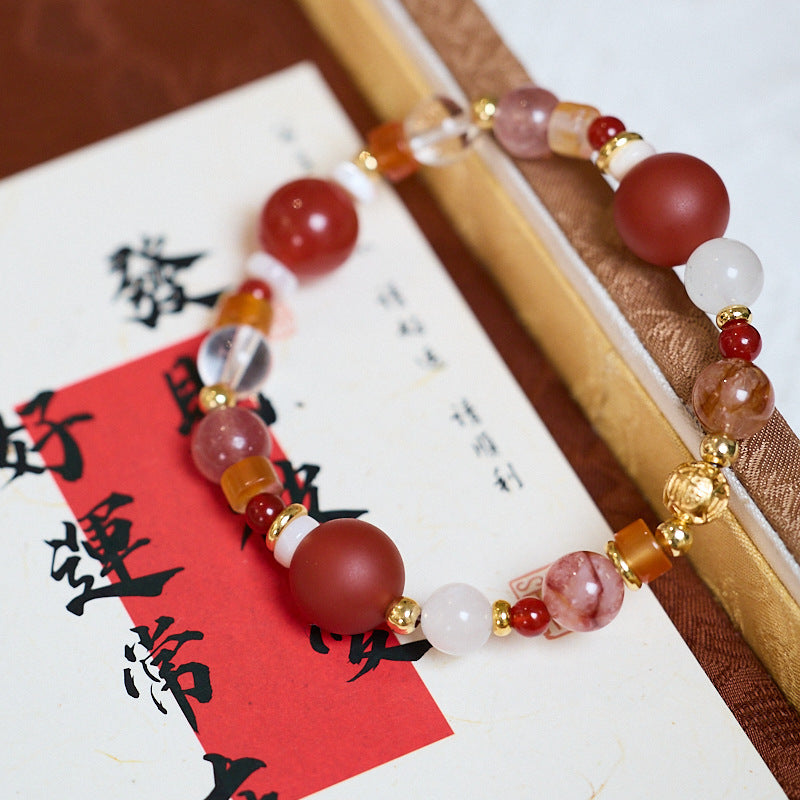 Zensoullab Natural Frosted Red Agate Red Sealant Flower Duobao Crystal Bracelet Lucky Koi Plastic Flower Bracelet for Women