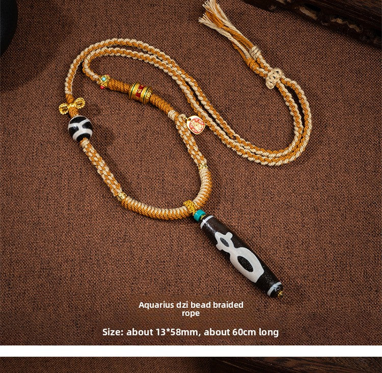 zensoullab Natural Tibetan Style Yellow Nine-Eyed Dzi Bead Necklace Multi-Totem Agate Pendant Couple Style Woven Necklace In Stock