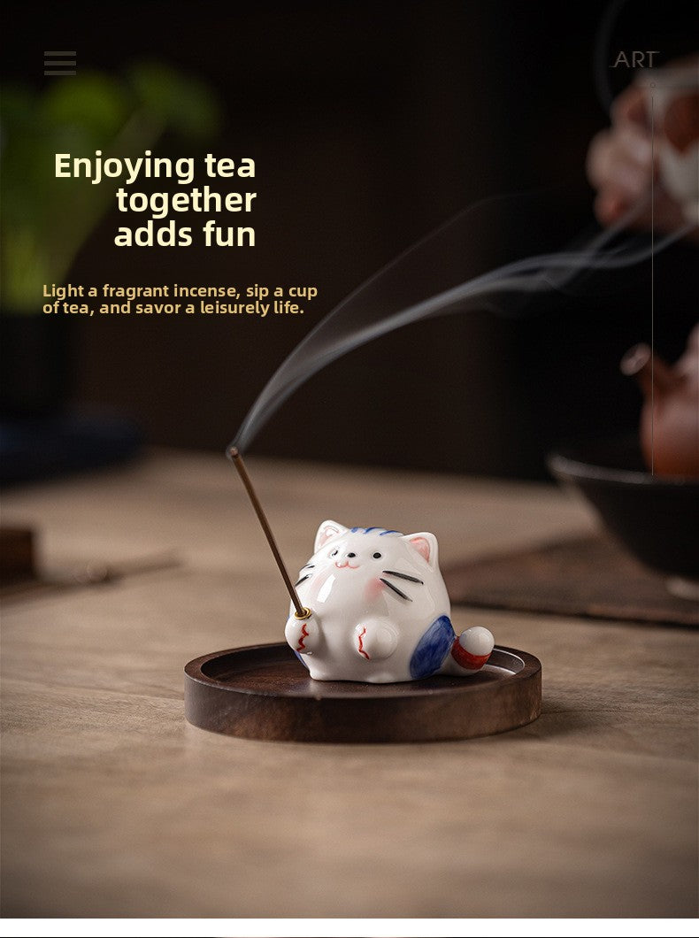zensoullab Creative Ceramic Cute Little Cat Incense Holder Base Incense Tray Tea Room Tea Table Small Incense Burner Ornament Incense Burner