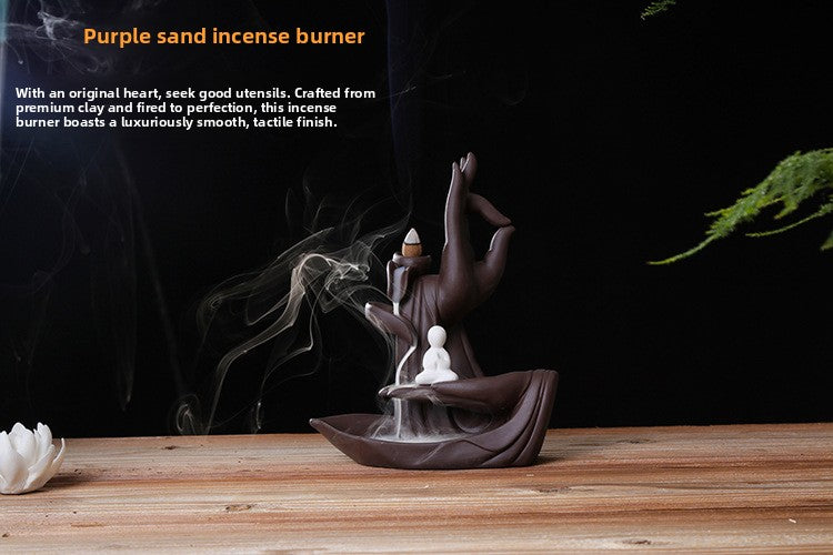 zensoullab Creative Backflow Incense Burner Home Purple Clay Flow Incense Burner Indoor Ornament Ceramic Buddha Hand Incense Burner Home Decor