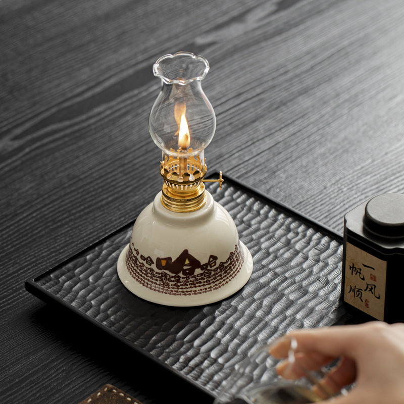 zensoullab Ceramic Butter Lamp with Plant Ash, Chinese Style Retro Tea Ceremony Home Indoor Atmosphere Ornament