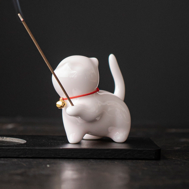 zensoullab Creative Cute Little Cat Ceramic Ornament Soft Healing Tea Pet Pen Holder Home Indoor Sandalwood Incense Holder Incense Tool