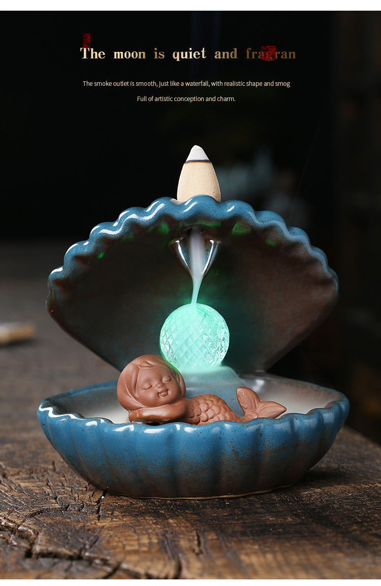 zensoullab Original Ceramic Crafts Home Decoration Creative European Style Shell Mermaid LED Light Backflow Aromatherapy Burner