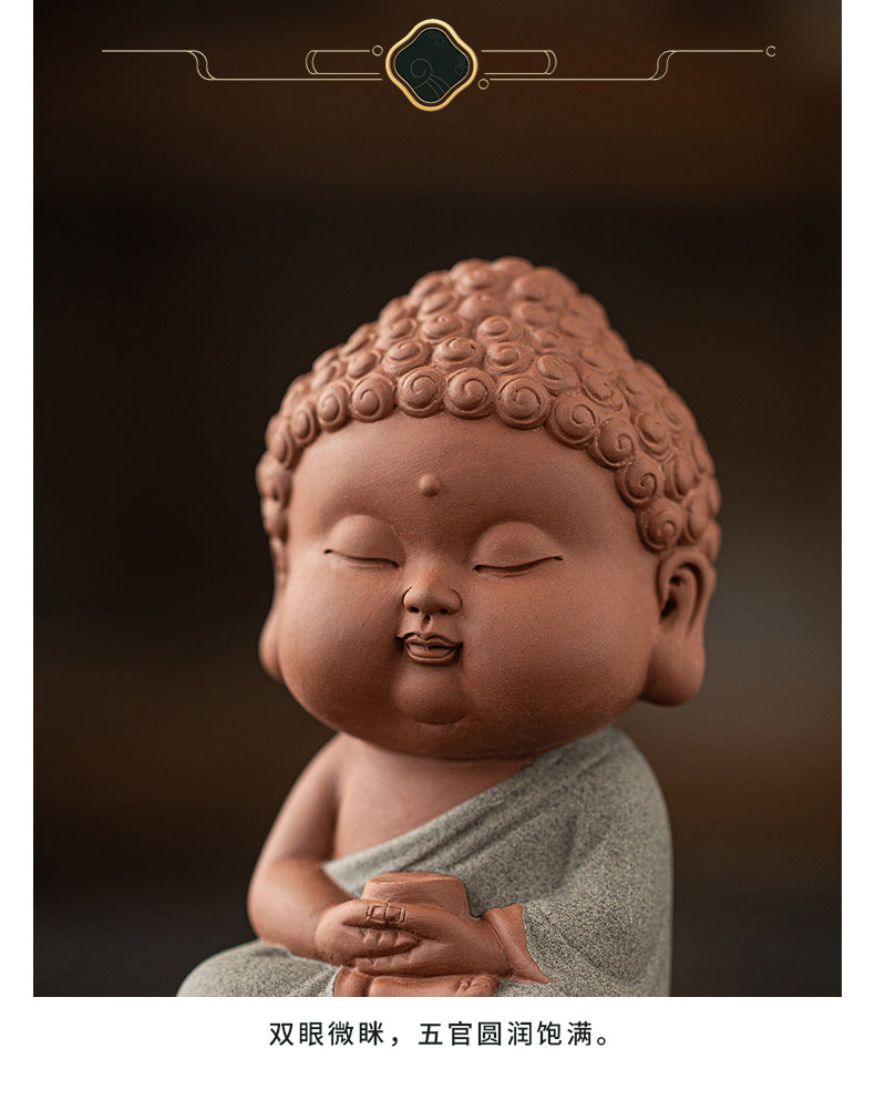 zensoullab Zen Purple Clay Small Buddha Figurine Cute Buddha Statue Chinese Style Home Tea Room Curio Shelf Tea Table Decoration