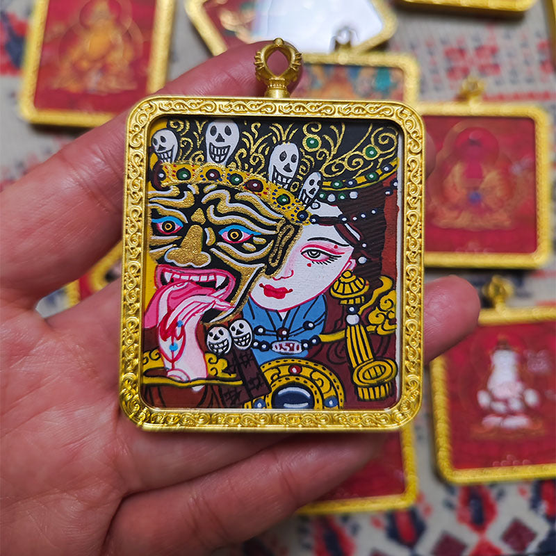 zensoullab Nepal Hand-painted Female God of Wealth Thangka Zaka Ram Past and Present Life Tibetan God of Wealth Small Thangka Gawu Box Pendant