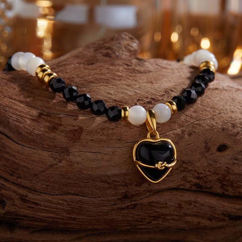 Zensoullab Special-Interest Design Advanced Natural Black Pointed Crystal Beaded with Black Agate Pendant Heart Shaped Love Necklace Female S925 Sterling Silver