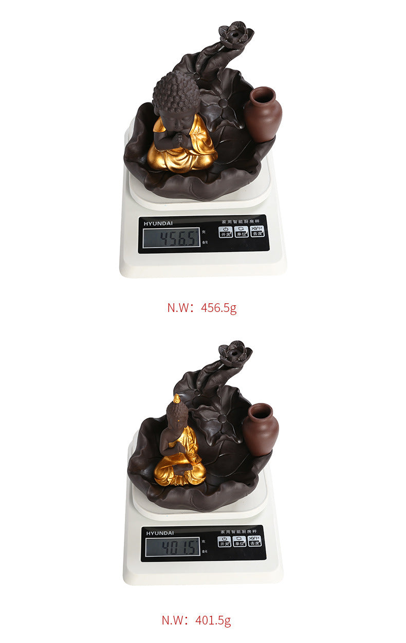 zensoullab Purple Clay Ceramic Backflow Incense Burner Crafts Creative Lotus Leaf Buddha Statue Small Novice Incense Burner Ornament