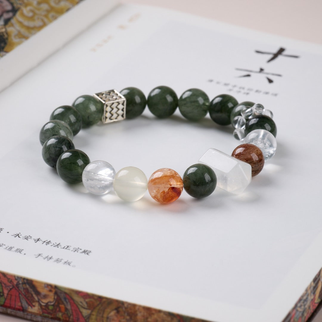 zensoullab Natural 10MM Green Rutilated Quartz Bracelet for Women Good Luck White Crystal Red Agate Flower Multi-Gemstone Crystal Bracelet