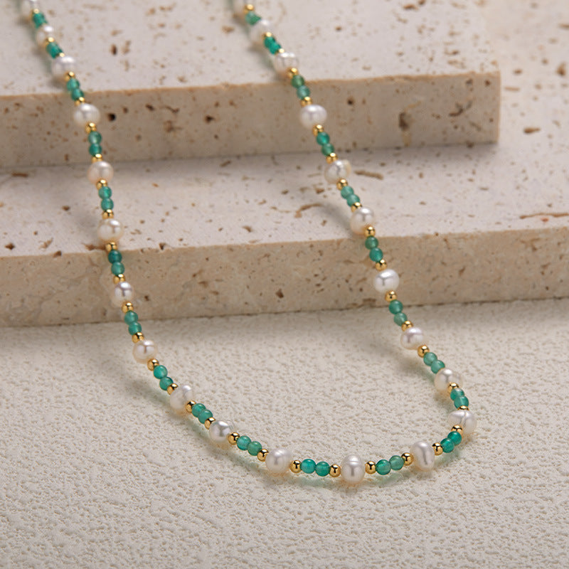 Zensoullab925 Sterling Silver Natural Pearl Green Chalcedony Colored Gems Necklace Women's High-Grade Sweet Personality Handmade Beaded