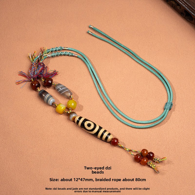 zensoullab Natural Yellow Nine-Eye Dzi Bead Necklace Taiwan Work Agate Pendant Unisex Couple Style Braided Necklace In Stock