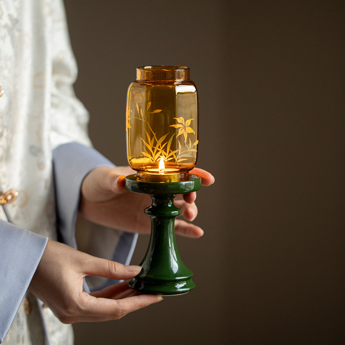 zensoullab Flowing Fragrance Golden Orchid Ming Qing Glass Candle Holder Lamp Zen Tea Room Atmosphere Lamp Home Floor Candle Lamp Decorative Ornament